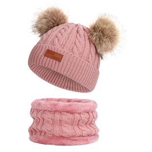 Children's autumn and winter scarf hat suit knitted wool hat collar warm baby hat scarf two-piece set fleece-lined