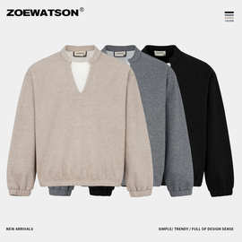 跨境设计感简约小众加绒卫衣男新品潮牌美式V领拉领拼接长袖T恤男