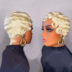 613 Blonde finger wave Wig Human Hair Curly金色上海头发套