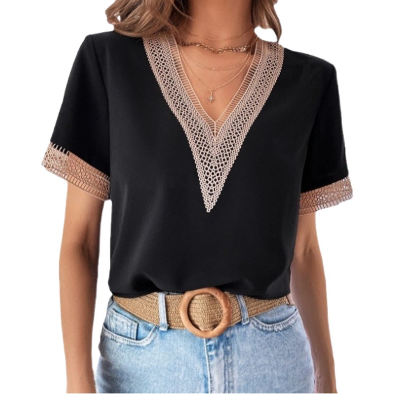 Camisa Elegante de Manga Corta para Mujer, Estilo Europeo y Americano 2026, con Cuello en V, Adorno de Encaje Satinado, Color Sólido, Corte Holgado, para el Trabajo image 1