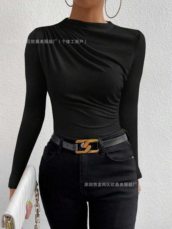 跨境2025欧美亚马逊纯色修身打底衫百搭女式纯色长袖褶饰时尚T恤|undefined