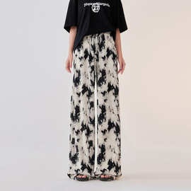 大码女装墨画晕染压褶休闲阔腿裤女夏季薄款高腰垂感直筒