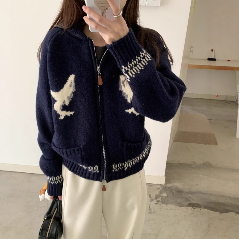秋冬休闲翻领毛衣外套女2025新款复古提花慵懒风加厚针织拉链开衫|undefined
