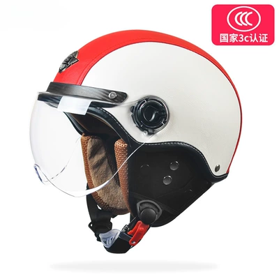 men's retro half helmet autumn, Motosiklet dəbilqələri - one-size-fits-all-leather-red-removable-ear-protection-class-a-harley-short-mirror