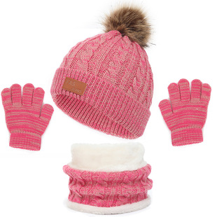 Cross-border European and American variegated children's hat scarf gloves three-piece autumn and winter New Single ball baby hat