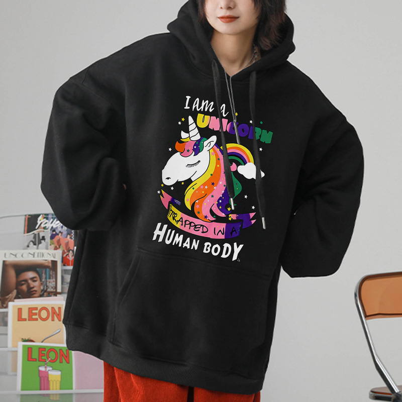 Korean Style Women's Sweater Women's Printed Rainbow Unicorn Hooded Sweater Women's Autumn and Winter Thickened Loose Top Trendy Korean Style Women's Sweater Women's Printed Rainbow Unicorn Hooded Sweater Women's Autumn and Winter Thickened Loose Top Trendy