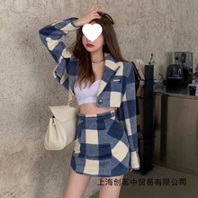 毛呢格子小西装外套女秋冬2025新款宽松韩版气质短款呢子西服套装