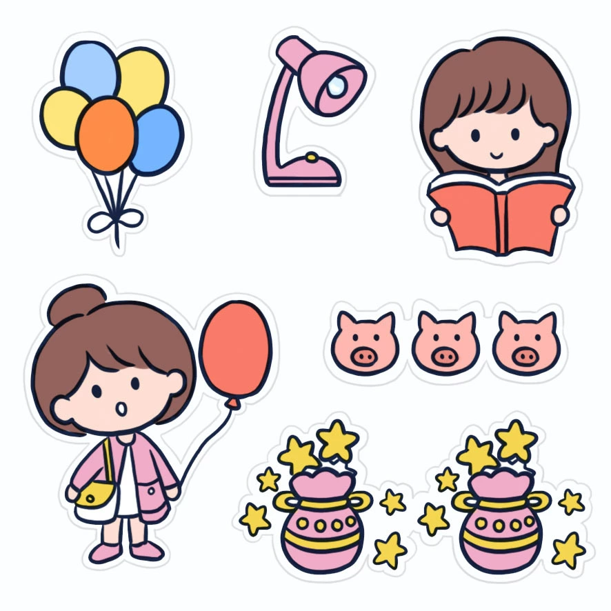 Cartoon sticker, laptop, book, DIY, for students