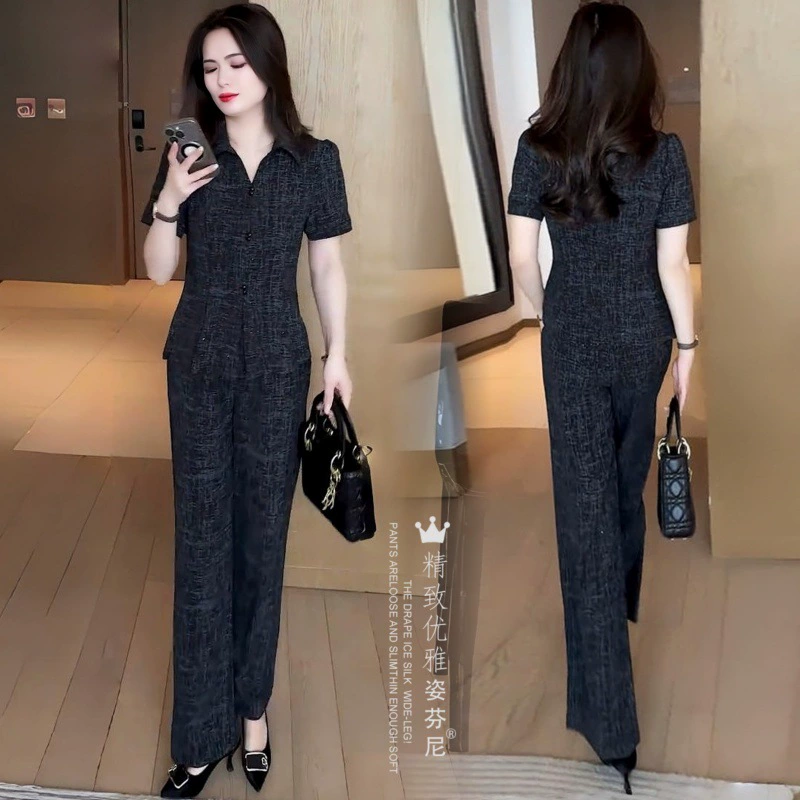 Модный женский костюм, новый летний стиль, топы с короткими рукавами, прямые брюки, модная одежда, возрастной темперамент, комплект из двух предметов.