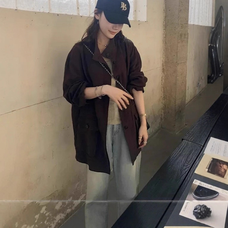 2025 New Autumn New Korean Style Coffee Full Linen Windbreaker Jacket Retro Stand Collar Mid-Length Cardigan for Women