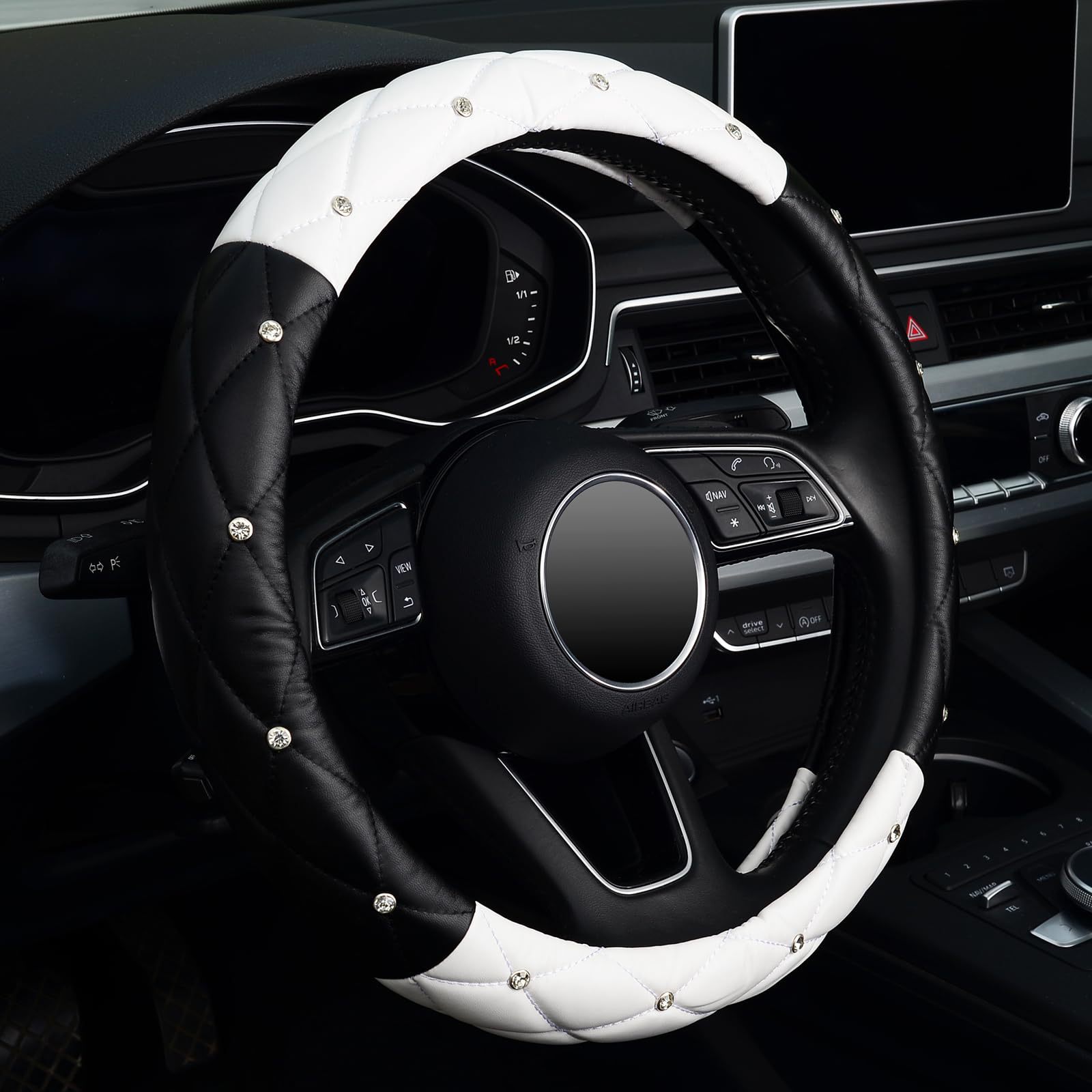 Factory Direct Sales Amazon Car Diamond-Studded Steering Wheel Cover, Universal for All Seasons, Soft Leather Anti-Slip Rhinestone Handle Cover