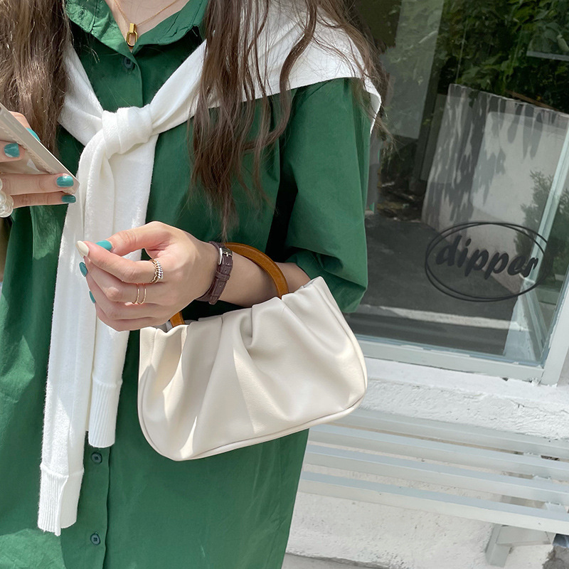 Niche Design Wooden Handle Pleated Cloud Handbag Women's 2023 New ins Crossbody Mini Trendy