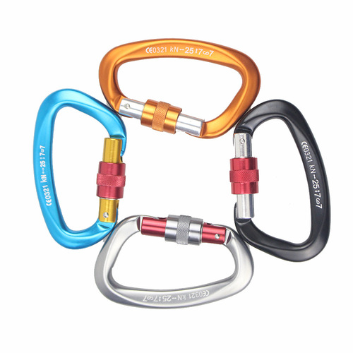D-shaped 25KN climbing carabiner made of 7075 aviation aluminum, fast-hanging outdoor rock climbing main lock, multi-functional safety buckle