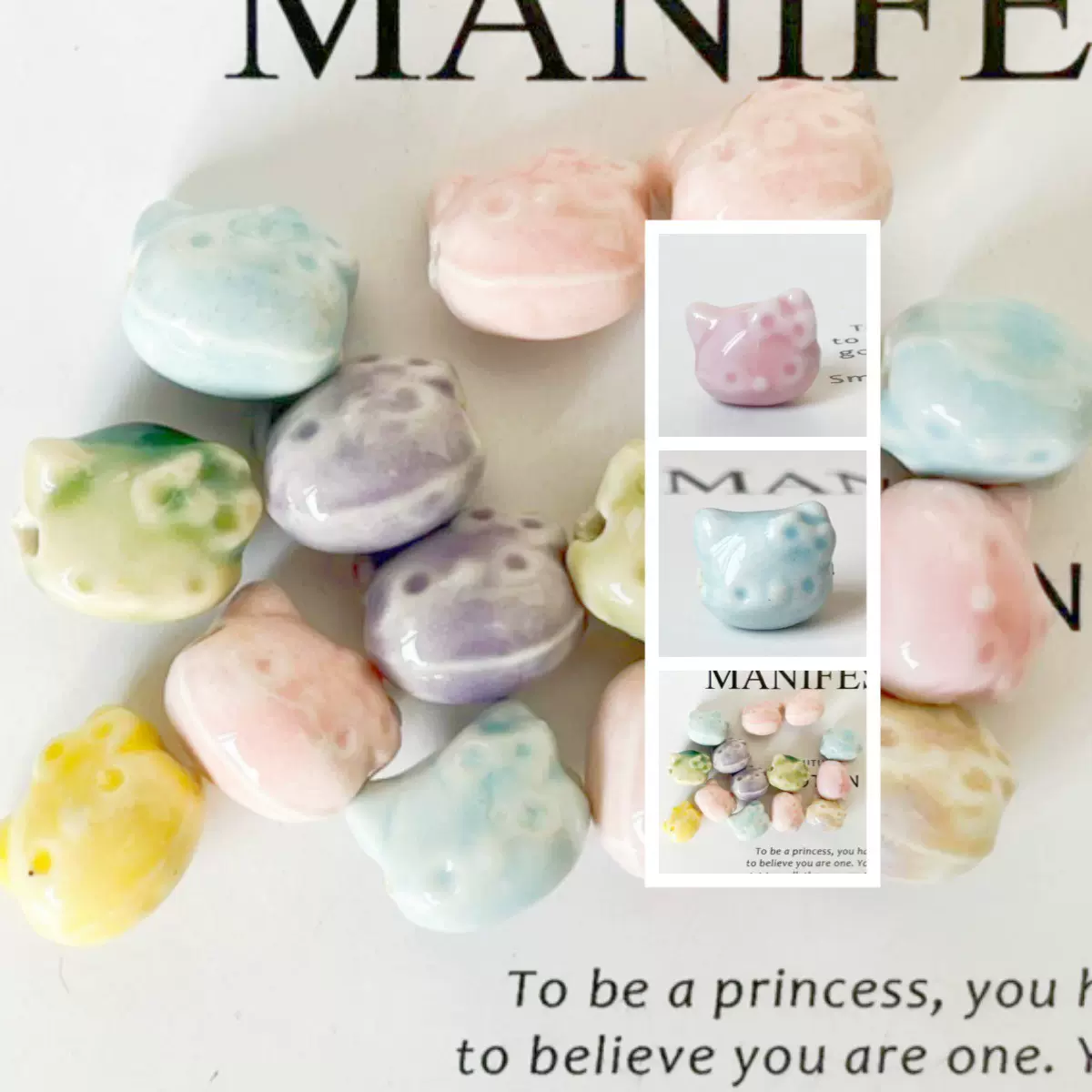 可爱猫头陶瓷珠 陶瓷散珠DIY串珠 手串手机链配件材料 横向陶瓷珠