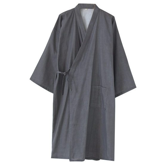 Spring and Autumn Yarn-dyed Pure Cotton Lace-up Kimo Nightgown Men's Thin Plus Fertilizer Plus 200 Jin Bathrobe Home Clothes Pajamas