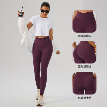 跨境新款瑜伽九分裤女交叉高腰提臀塑身裸感普拉提健身训练紧身