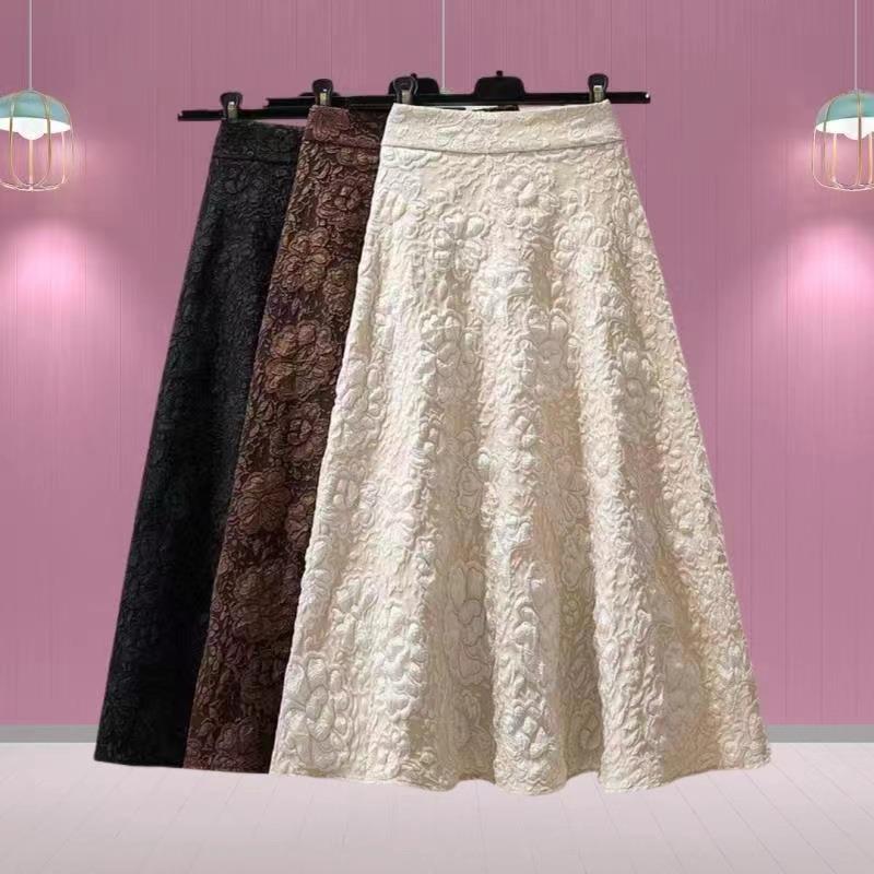 Cross-Border Fashion Casual Retro Skirt for Women Aliexpress Spring and Autumn New High-Waisted Hollow Floral Large Hem Umbrella Skirt