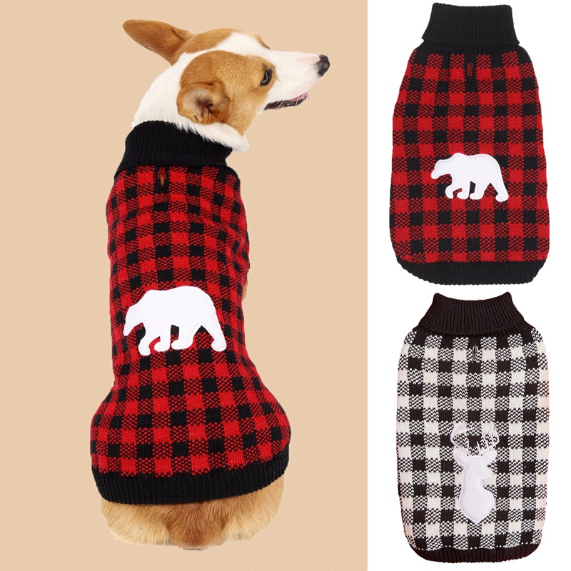 Dog Clothes Black White Red Black Plaid Contrasting Color Fawn Leopard Pattern Knitted Lapel Design Teddy Bixie Sweater