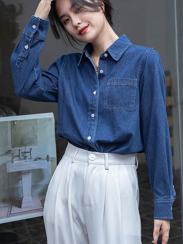 Dark Blue Retro Straight-Shoulder Denim Shirt for Women, Layered with Soft Jacket, New Spring and Autumn Fashion Denim Shirt for Women Dark Blue Retro Straight-Shoulder Denim Shirt for Women, Layered with Soft Jacket, New Spring and Autumn Fashion Denim Shirt for Women