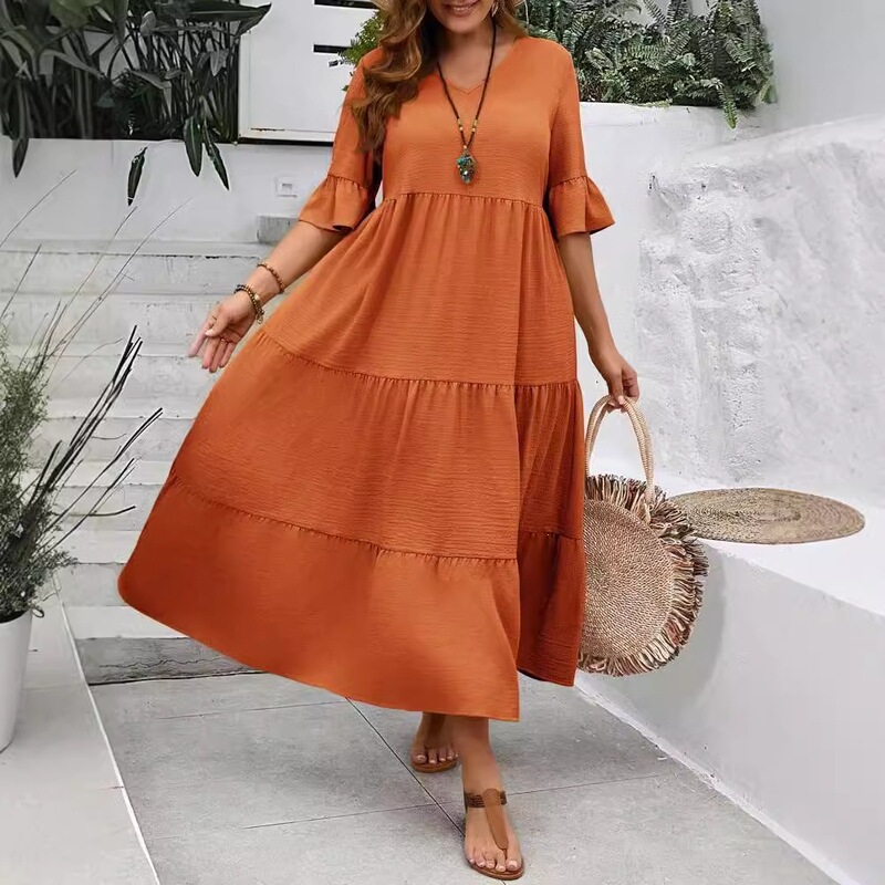 2026 European and American Summer New Women's Fashion Multi-Color Multi-Size Plus-Size Long Flared Dress in Ivory White