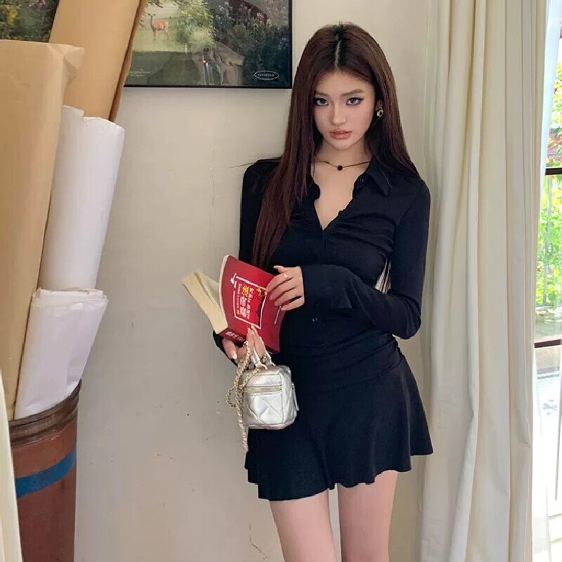 Black American-style long-sleeved polo dress, pleated, slimming, waist-cinching, sexy, figure-flattering, new style, short dress for women Black American-style long-sleeved polo dress, pleated, slimming, waist-cinching, sexy, figure-flattering, new style, short dress for women
