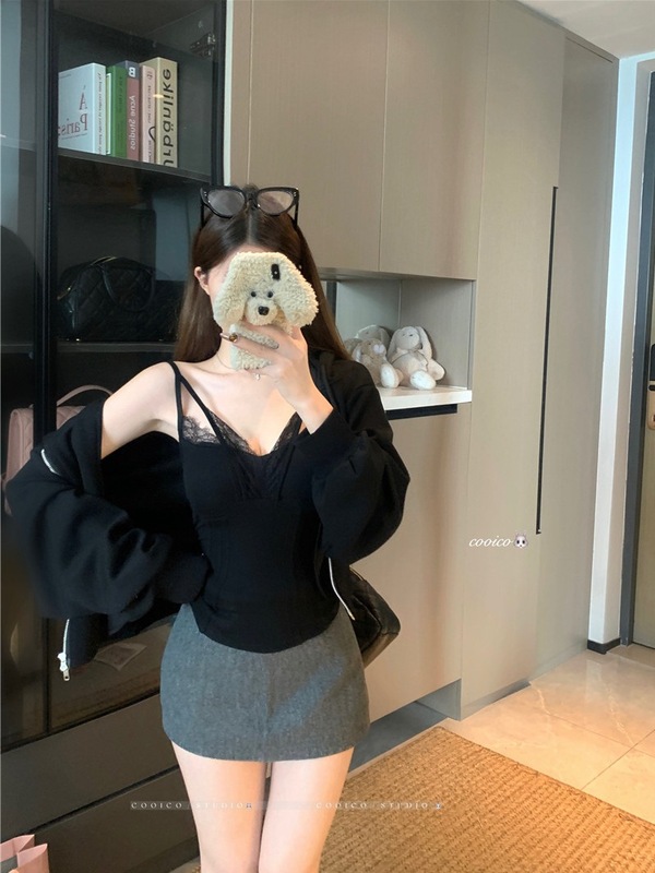 2025新款拼接蕾丝带胸垫吊带背心女秋季无袖上衣外穿卫衣两件套装|undefined