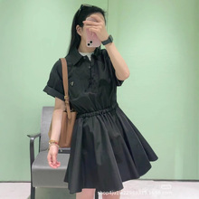 南油高定Par 25早春新款三角标翻领抽绳收腰短袖黑色百搭连衣裙