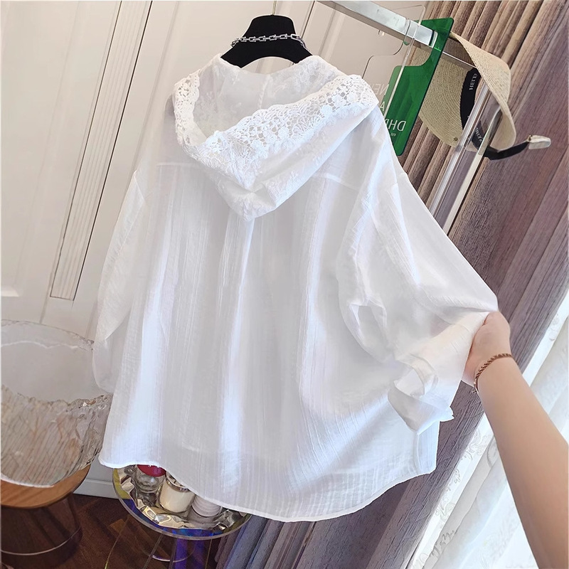 Liang Yixuan Unique Super Good-looking French Texture White Lace Hooded Shirt Sunscreen Shirt Women's New Loose Top