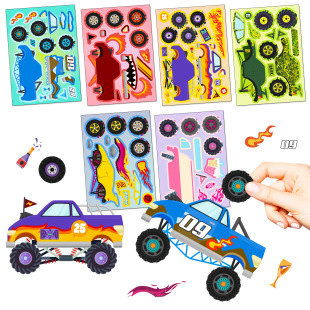 Cross-Border 6 sheets/pack off-road face changing diy stickers engineering car cartoon children racing car assembly educational puzzle stickers