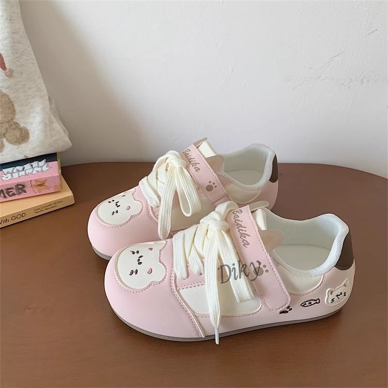 2026 Spring New Cute Cat Design Women's Soft Sole Versatile Student Casual Sneakers Girly White Shoes
