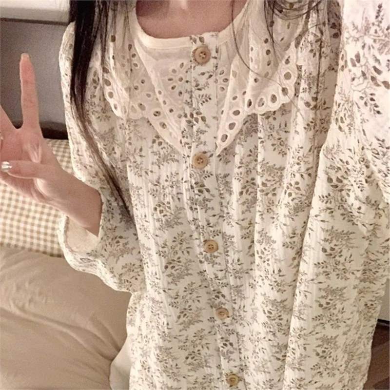 여성을위한 새로운 스타일의 달콤한 인쇄 긴팔 잠옷 인터넷 연예인 스타일 가을 2024 새로운 바지 홈 슈트