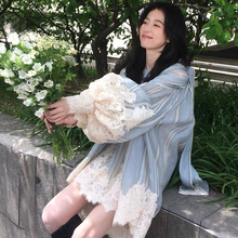 [打版]周雨彤同款蓝白色拼接蕾丝衬衫裙夏季新款法式气质连衣裙