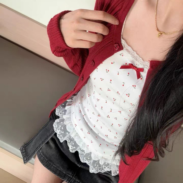 Women's summer red cardigan short sleeveless top with bow and lace trim, sweet and sexy style.
