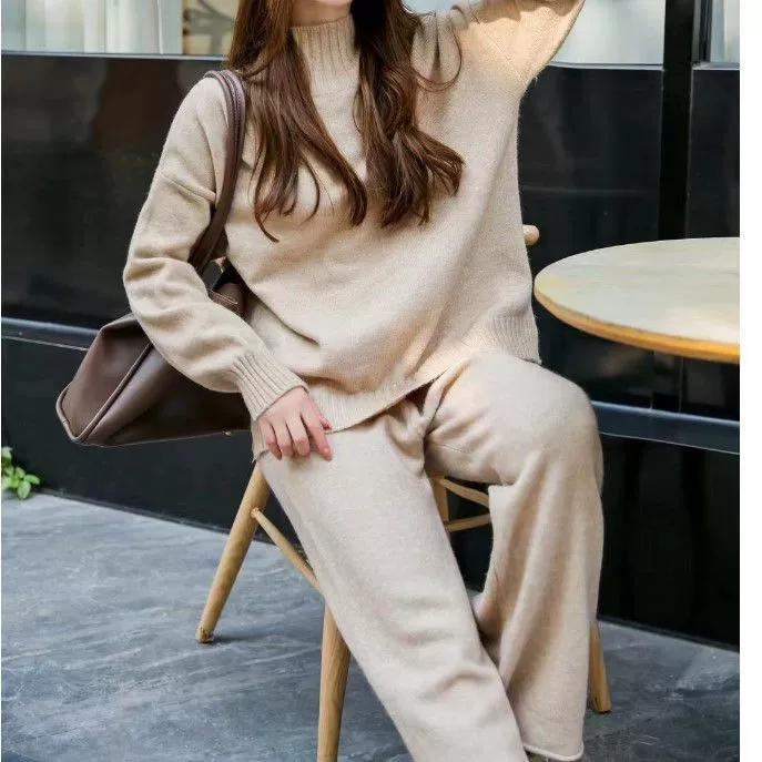 Нежный Стиль Носить Трикотажный Костюм Брюки Осень-Зима Новый Свитер с Половолазкой Широкие Брюки Однотонный Комплект из Двух Детей для Женщин