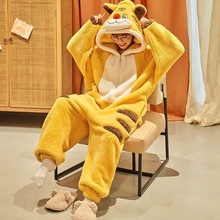 卡通小老虎珊瑚绒连体睡袍冬季新款睡衣法兰绒家居服情侣卡通老虎