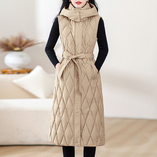 Autumn and Winter Down Cotton Vest Women's Mid-length Waistband Waistband Warm Vest Hooded Vest Sleeveless Jacket