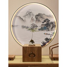 新中国风背景墙壁纸圆形画芯三维装饰画入口大厅山水画禅宗茶室水