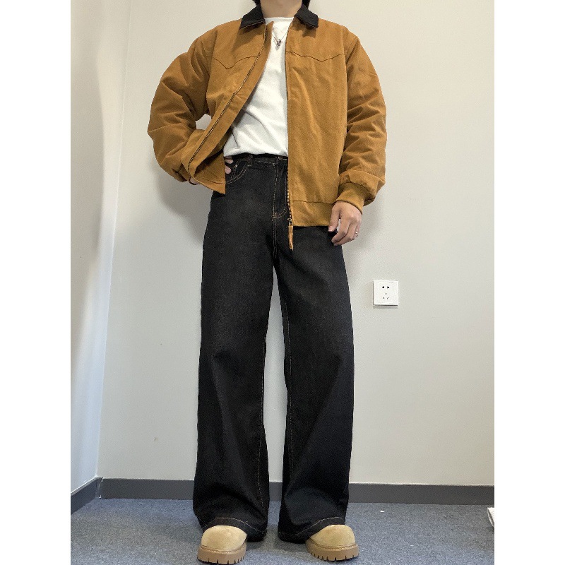 Men's Raw Color Denim Jeans 2026 Spring/Autumn American Style Loose Straight Leg A-Line Wide Leg Pants Trendy mid Waist Long Non-Stretch_mkmklike.com