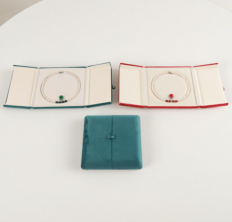 이중 개방형 벨벳 상자 내부 원형 - 피콕 블루, 진주 목걸이 상자