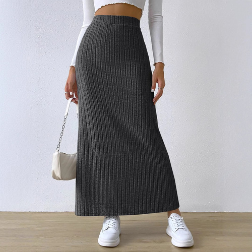 2025 Western European Cross-Border Spring New High-Waisted Knit Mini Skirt with Side Slit Long Dress for Women