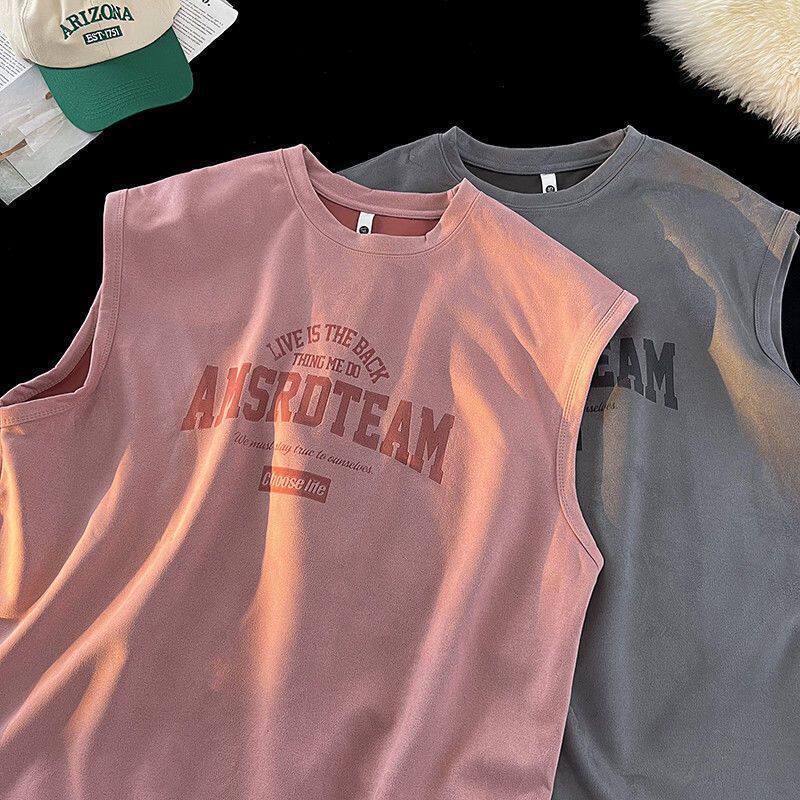 Pink Stylish Sleeveless T-Shirt for Men, Summer High Street Personality Vest Top, Trendy Brand Couple Casual Tank Top, Sweatshirt, Ins Pink Stylish Sleeveless T-Shirt for Men, Summer High Street Personality Vest Top, Trendy Brand Couple Casual Tank Top, Sweatshirt, Ins