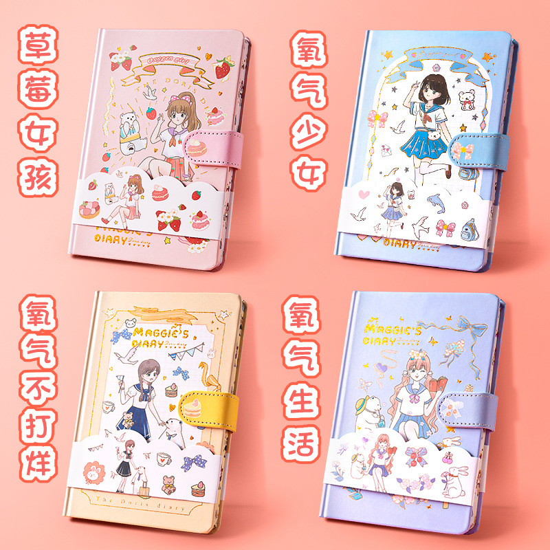 Libro de contabilidad de mano de dibujos animados, página en color, libro de hebilla magnética, libro de contabilidad de mano de corazón de niña linda, cuaderno de estudiante, cuaderno de diario