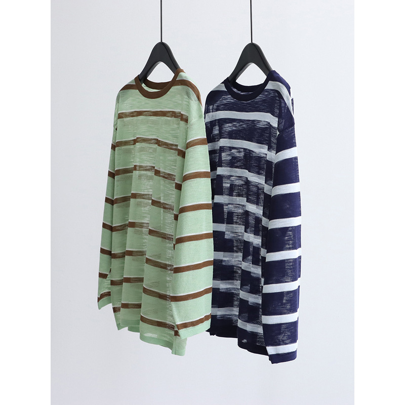 Summer Bamboo Linen Color-Block Striped Knit Sweater, Long-Sleeve Lightweight Casual Pullover, Sun-Protective Loose Pullover Top Summer Bamboo Linen Color-Block Striped Knit Sweater, Long-Sleeve Lightweight Casual Pullover, Sun-Protective Loose Pullover Top