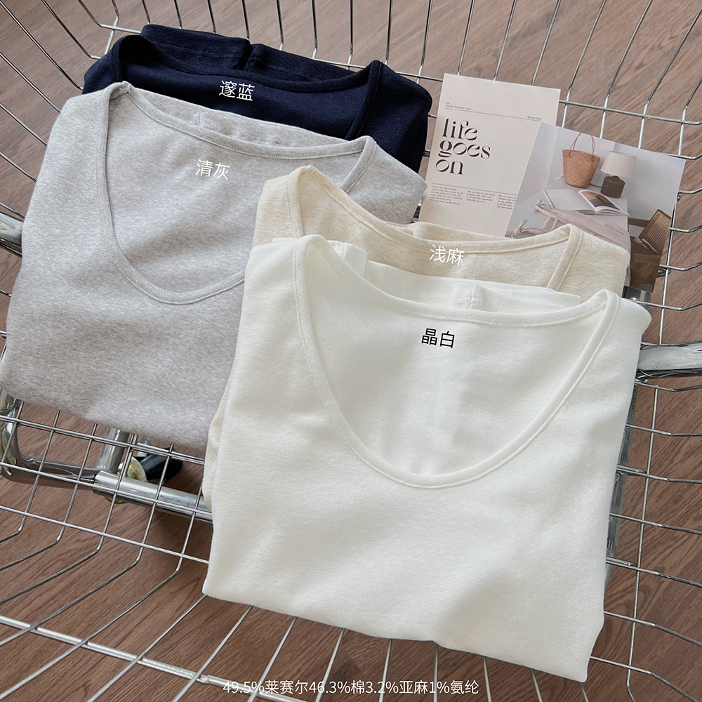 Summer Thin Tencel Linen Goose Egg Collar T-Shirt Women's Casual Slim Fit Breathable Easiest for Match Right Shoulder Short Sleeve Top