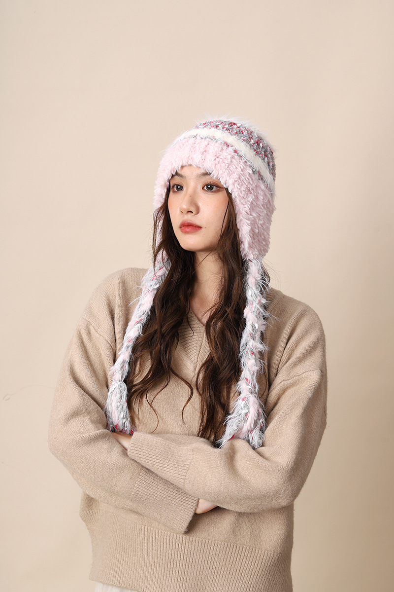 Cappello di lana lavorato a maglia con lacci colorati per donna autunno inverno nuovo caldo protezione per le orecchie e fascia per la testa a strisce colorate_voghion.com