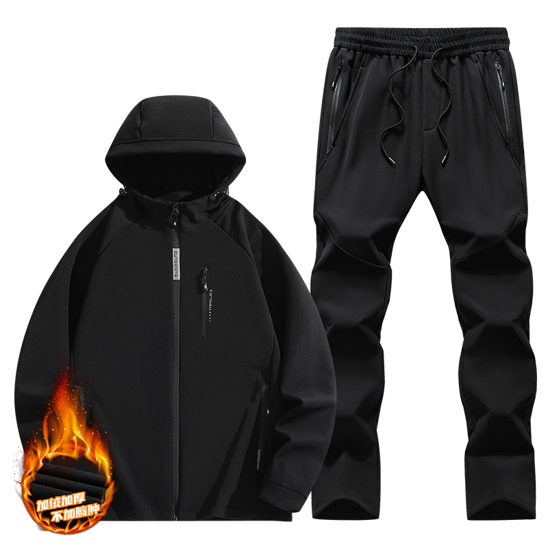 Traje a prueba de viento al aire libre de los hombres de la chaqueta de cáscara suave engrosada pantalones sueltos forrados de lana de dos piezas para el otoño y el invierno más el tamaño