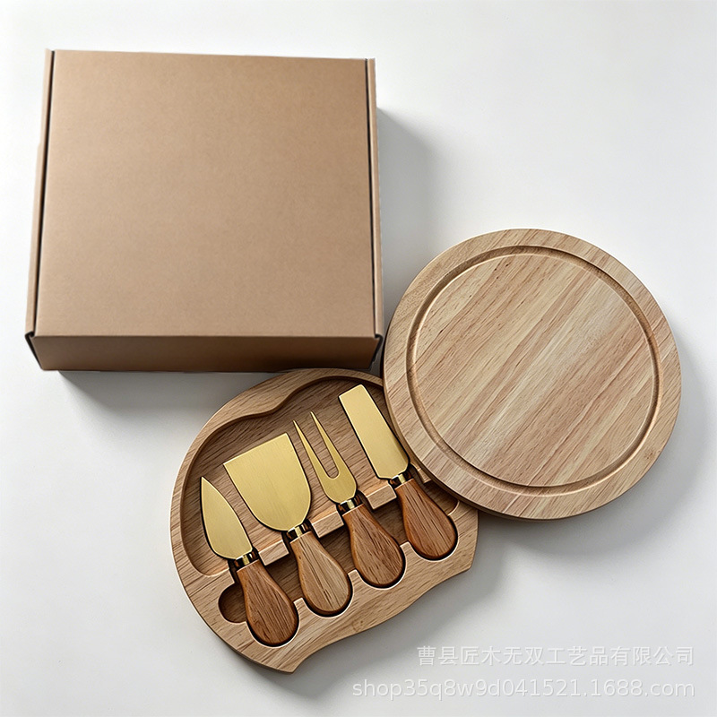 Caja de madera redonda de goma transfronteriza cuchillo de queso pizzeria pan snack platos de comidas occidentales cuchillo de queso conjunto bandeja