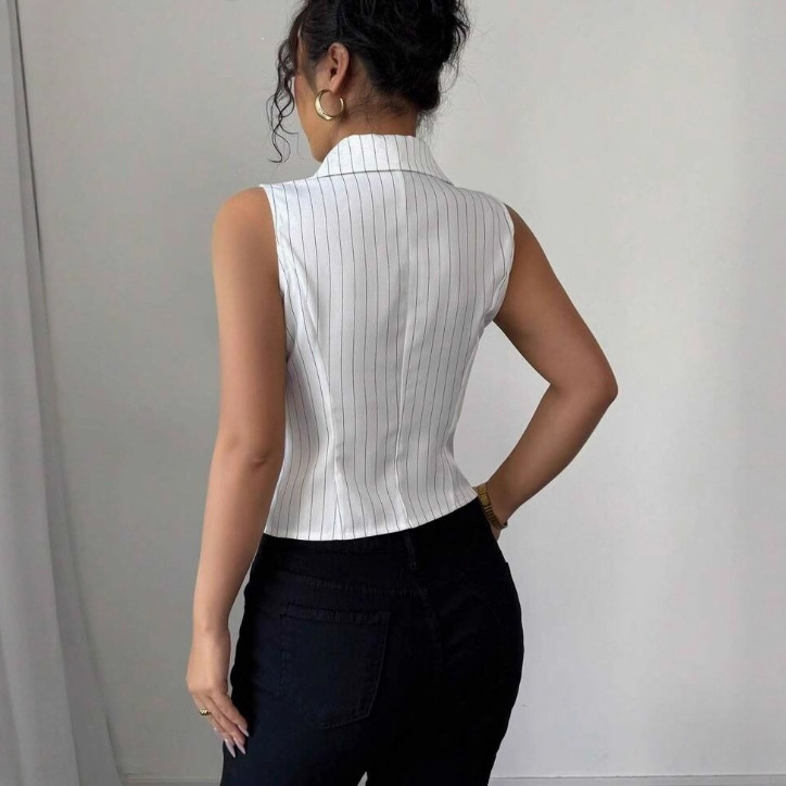 2025 European And American Elegant Fashion Slim Fit Striped Sleeveless Top Shirt_ecoleips.com