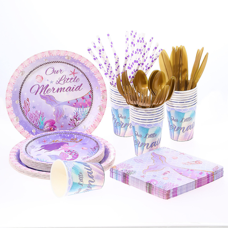 Spot Purple Mermaid Party Paper Plate Set Deep Sea Shell Seaweed Element Disposable Birthday Venue Layout
