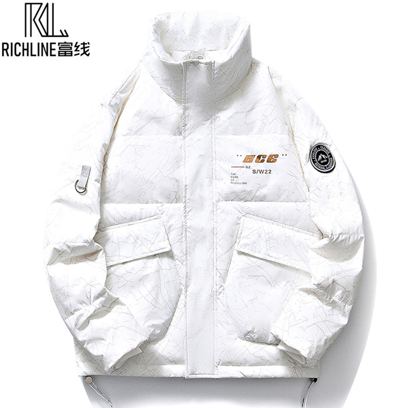 Chaqueta de plumón de cuello vertical de línea rica para hombres de invierno nueva pareja de ropa de pareja para estudiantes gruesa calentamiento 90 chaqueta de chaqueta de arroz blanco de moda
